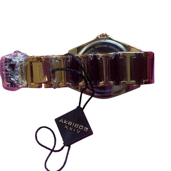 Akribos XXIV Womens Watch Metal Ceramic Band Gold Tone Gem Case 39mm AK891BRG - Picture 9 of 12